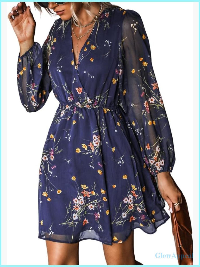 Chiffon Mini Dress V Neck Long Sleeve Flowy Peasant Spring Casual A-Line